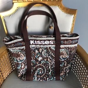 Hershey’s kisses brown, turquoise & white paisley pattern, quilted fabric tote